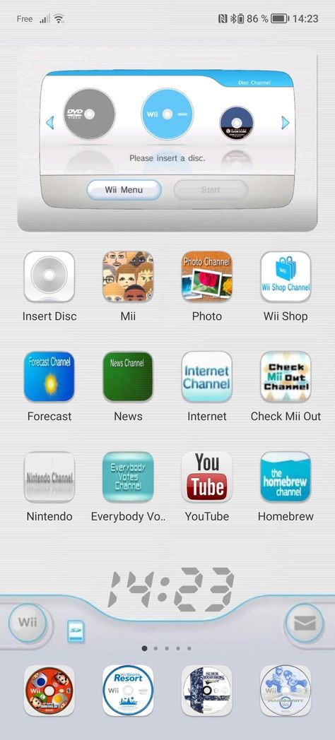 Wii Start Screen, Wii Iphone Widget, Wii Homescreen Wallpaper, Wii Themed Phone Icons, Wii Iphone Homescreen, Nintendo Wii Widgets, Nintendo Icons Aesthetic, Wii Phone Layout, Nintendo Phone Theme