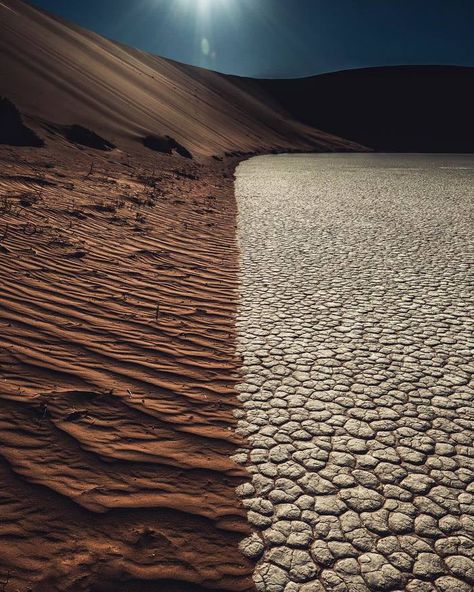 Where the sand dunes meet a dry lake bed. Namib desert, Namibia Namib Desert, Harbin, Desert Sand, Daft Punk, Africa Travel, Sand Dunes, Catamaran, Miyazaki, Image Hd