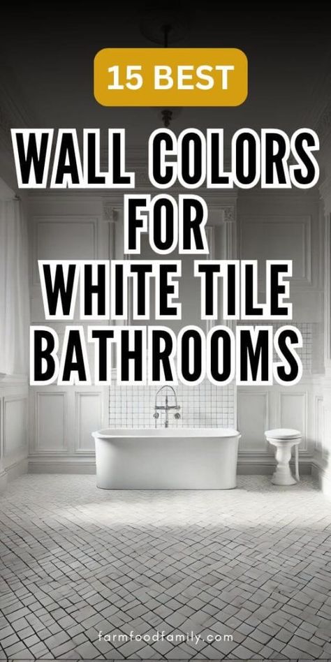 What Color Walls Go with White Tile Bathroom? (15 Ideas) 35 Bathroom White Tiles Coloured Walls, White Subway Tile Bathroom Paint Color, Light Grey Walls Bathroom, Black And White Bathroom Color Schemes, White Tile In Bathroom, Elegant Wall Colors, White Tile Bathrooms, Bathroom Paint Inspiration, White Tile Bathroom Walls