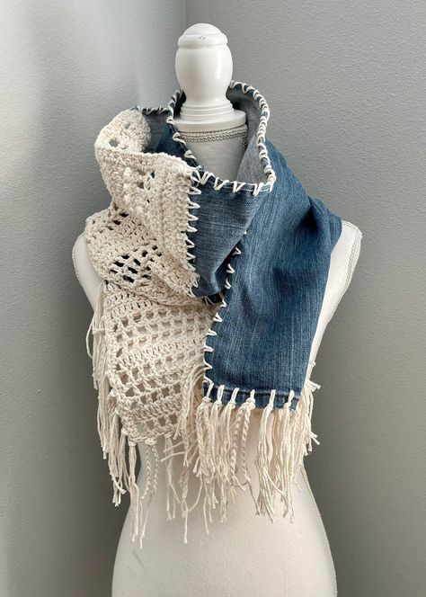 Excited to share this item from my #etsy shop: Boho Scarf, Bohemian Scarf, Denim Scarf, Denim Accessories, Hippie Scarf, Boho Denim, Boho Accessories, Fringe Scarf, Gift for Her Scarf Knitted Pattern, Denim Scarf, Denim Yarn, Hippie Scarf, Återvinna Jeans, Bohemian Scarf, Denim Clothes, Scarf Ideas, Bohemian Scarves