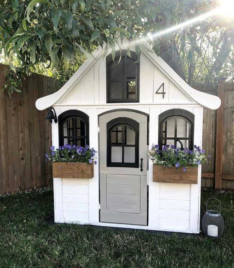 Costco Playhouse, Kids Playhouse Makeover, Playhouse Diy, Outdoor Playhouses, Outside Playhouse, Playhouse Makeover, Backyard Playset, Girls Playhouse, Playhouse Plans