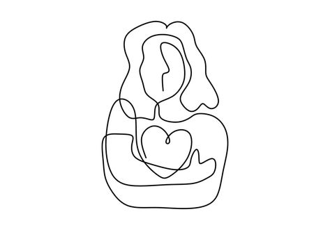 Self Compassion Tattoo Ideas, Self Hug Drawing, Hugging Yourself Drawing, One Line Drawing Heart, Woman Hugging Herself, Line Drawing Of Woman, Heart Line Art, Single Drawing, Drawing Of Woman