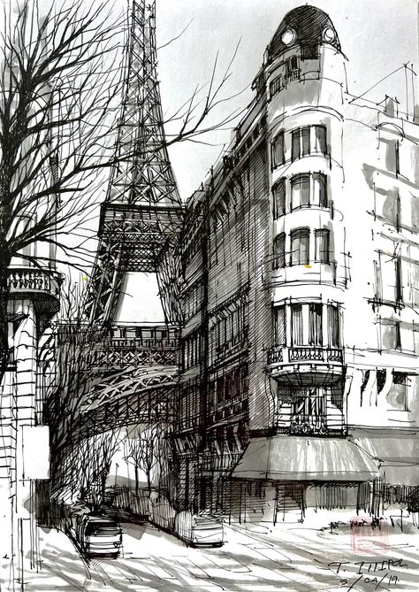 Paris Architecture Drawing, Paris Urban Sketch, Famous Buildings Drawing, Ink Architecture Drawing, City Scenery Drawing, Paris Drawing Sketches, City View Drawing, Venice Sketch, Room Perspective Drawing