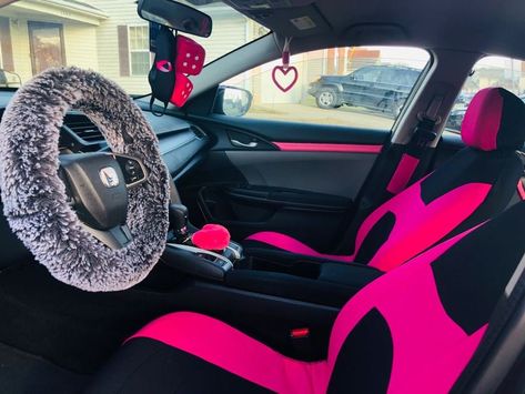 Pink Seat Covers, Pink Mirror Dice, Grey, Fluffy Steering Wheel, Pink Heart-shaped Tsurikawa handle. Pink Honda Civic, Pink Honda, Hot Pink Cars, 2016 Honda Civic, Pink Car Accessories, Pink Cars, Honda Civic 2016, Car Inspiration, Pink Car