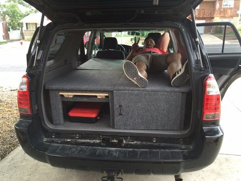 I helped my little brother build a camper conversion for his 4Runner this weekend. It is a three part assembly with a cabinet door, slide out table, under storage and a sleeping area. The middle seat section also comes out and slides over the back section so you can still fold up and use the back seats. Materials1 1/2 sheets plywoodcouple 2x4scouple 2x2shingescarpetgluescrews/nailshandlesGate latch 4runner Camper, Subaru Camper, Crv Camper, Camping 4runner, 4runner Camping, 4runner Build, Toyota Surf, Vehicle Camping, 4runner Mods