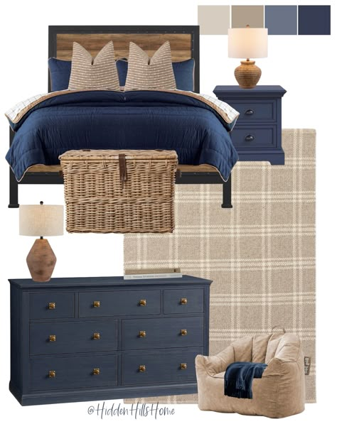 Navy Boys Bedroom, Boys Room Decor Ideas, Blue And Cream Bedroom, Decor Mood Board, Sports Themed Bedroom, Bedroom Mood Board, Blue Boys Bedroom, Boys Room Blue