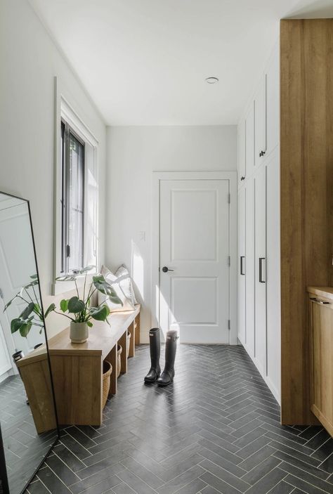 Slate Herringbone Tile Floor, Herringbone Mudroom, Black Herringbone Tile Floor, Mudroom And Laundry Room Combo, Black Herringbone Floor, Mudroom Floor, Laundry Room Combo, Black Herringbone Tile, Modern Farmhouse Mudroom