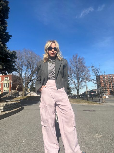 Slouchy lilac cargo pants paired eith grey blazer and top levels up your casual style Lilac Cargo Pants Outfit, Purple Cargos Outfit Aesthetic, Styling Lilac Pants, Trendy Spring Purple Cargo Pants, Trendy Purple Wide Leg Cargo Pants, Cargo Pants Outfit, Grey Blazer, Color Combo, Pants Outfit