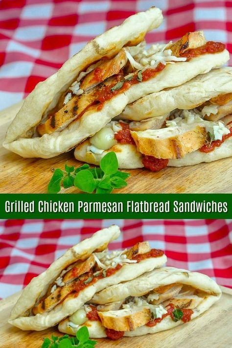 Grilled Chicken Parmesan Flatbread Sandwiches. An easy and delicious lunch or dinner featuring simple grilled chicken , roasted tomato jam and easy to prepare flatbreads. #BBQ #grilling #easyrecipes #summer #summerrecipes Baked Panko Chicken, Simple Grilled Chicken, Yogurt Flatbread, Grilled Chicken Parmesan, Flatbread Sandwiches, Tomato Jam Recipe, Grilled Flatbread, Chicken Flatbread, Chicken Roasted