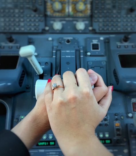 Pilot wife, engagement pictures, aviation themed, co-pilot, rose gold ring, solitaire. Loved going on a trip to California with my fiancé to take this picture! Pilot Wedding Photography, Pilot Love Couple, Pilot And Doctor Couple, Aviation Engagement Photos, Pilot Couple Aesthetic, Pilot Husband Aesthetic, Pilot Proposal, Pilot And Flight Attendant Couple, Plane Engagement Pictures