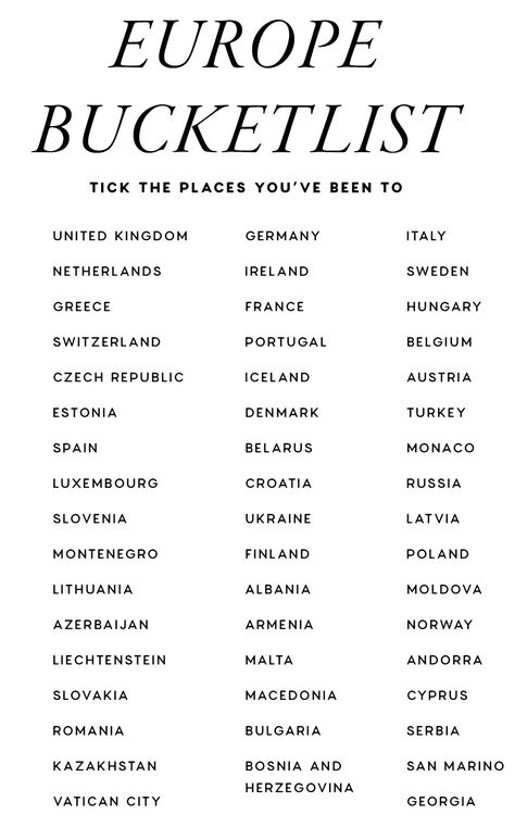 List Of European Countries, Places To Travel Bucket Lists World, Bucket List Photos, Checklist Travel, European Bucket List, Travel Infographic, Holiday Travel Destinations, Europe Bucket List, Travel Destinations Bucket Lists