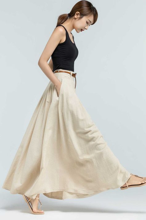 Maxi Skirt Work, Linen Skirt Outfit, Beige Skirt Outfit, Walking Skirt, Long Linen Skirt, White Linen Skirt, Linen Maxi Skirt, Long Skirt Outfits, Beige Skirt