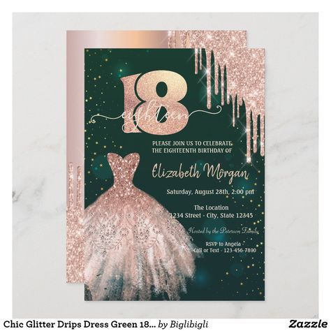 Chic Glitter Drips Dress Green 18th Birthday Invitation 18th Birthday Invitation Green, Blue 18th Birthday, Dress 18th Birthday, 18th Ideas, 18th Birthday Dress, 18th Birthday Invitation, Cricut Invitations, 98th Birthday, 18th Birthday Party Themes