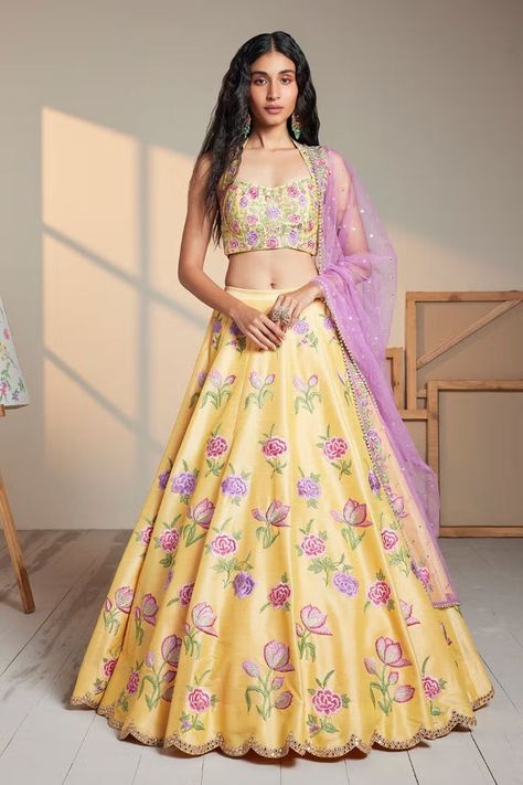 Buy #yellow #lehenga with attached cancan & multi-hued thread flower #embroidery. Paired with delicate floral jaal embroidered padded #blouse and tulle lavender dupatta by #ChammeandPalak at #AzaFashions Shop online now at #Azafashions.com Call +91 8291990059 or email contactus@azafashions.com for enquiries. #wedding #festive #ethnic #tradional #shopping #shoponline #party #reception #bride Lavender Dupatta, Embroidery On Blouse, Jaal Embroidery, Lavender Outfit, Ceremony Outfit, Cancan Lehenga, Haldi Dress, Lehenga Bridesmaid, Haldi Outfit