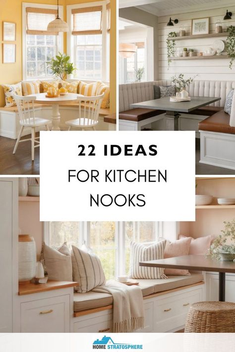 A compilation of kitchen nooks, each featuring built-in seating and various decor styles, offering creative ideas for a cozy dining area. Kitchen Corner Sofa Ideas, Creative Kitchen Nook Ideas, Breakfast Nook Update, Keeping Area Off Kitchen, Corner Kitchen Breakfast Nook, Kitchens With Breakfast Nook And Island, Kitchen Window Seating Ideas, Awkward Kitchen Corner Ideas Space, Breakfast Nook Bench With Shelves