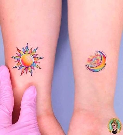 Moon Tattoo Colorful, Sun And Moon Tattoos, Maching Tattoos, Moon Sun Tattoo, Celestial Tattoo, Sun And Moon Tattoo, Sun Tattoo Designs, Tattoos Infinity, Bestie Tattoo