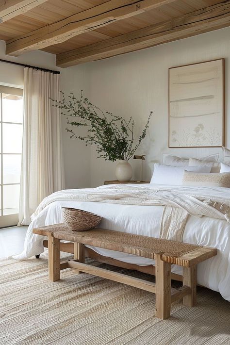 I adore minimalist bedroom decor for its ability to create a serene and uncluttered space that promotes relaxation and tranquility. The clean lines, neutral color palette, and simple yet functional furniture contribute to a sense of calm and order. Minimalist decor also encourages a more mindful approach to living, as it prompts me to carefully consider each item in the room and prioritize only what is essential. Minimalist Farmhouse Bedroom, Neutral Master Bedrooms Decor, Modern Natural Bedroom, Neutral Farmhouse Bedroom, Tranquil Bedroom Ideas, Farmhouse Minimalist Decor, Top Bedroom Ideas, Mediterranean Style Bedroom, Minimalist Bedroom Decor Ideas