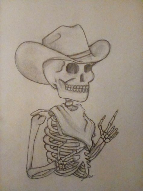 Southern Drawings Easy, Western Skull Drawing, Ranch Drawing Western Art, Skeleton Cowboy Drawing, Easy Drawings Western, Punchy Drawing, Western Things To Draw Easy, Things To Draw Western, Country Drawings Westerns