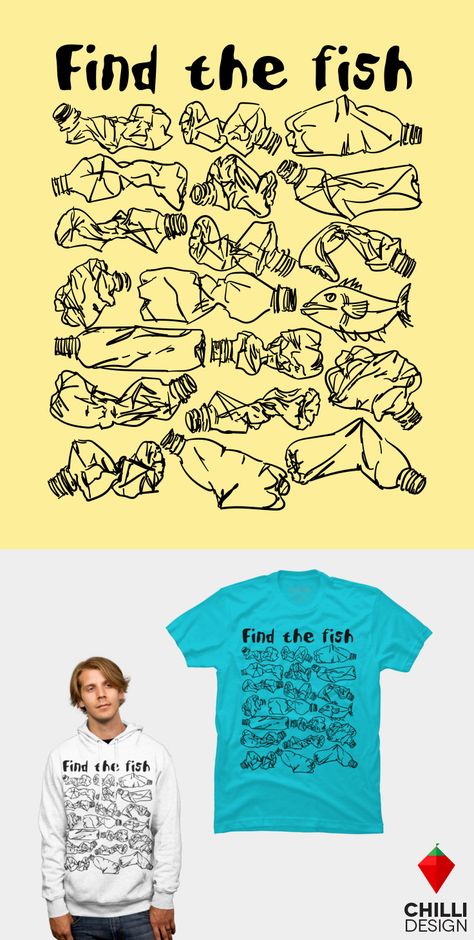 Trendy environmental t-shirt design with slogan “Find the fish” and save the ocean from plastic pollution. Eco t-shirt. Tshirt design. Environmental engagement and awareness. Save the ocean. Wildlife ecosystem marine conservation. Save turtles. Climate change. Garbage plastic problem. #tshirt #tshirtdesign #environment #plasticpollution #plastic #marinelife #saveanimals #saveocean #sealife #nomoreplastic #ecology Ocean Wildlife, Save The Ocean, Bag Quotes, Slogan Design, Marine Conservation, Pong Table, Shirt Illustration, Plastic Pollution, Reduce Reuse