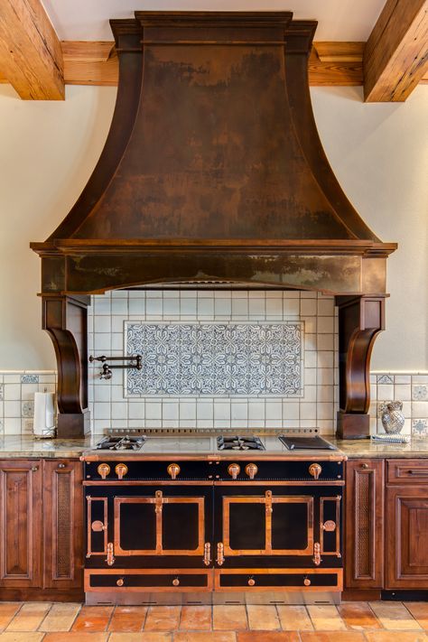 Cherry Hills Range Hood in the Classic Collection | Raw Urth Designs, CO Rustic Hood Vents Kitchen, Patina Kitchen, Kitchen Hood Ideas, Hood Vents, Spanish Style Kitchen, Kitchen Hood Design, Old World Kitchens, Kitchen Vent Hood, Oven Hood