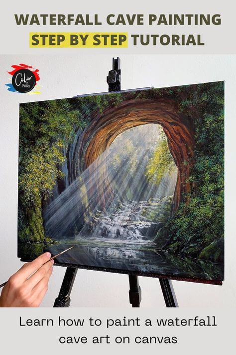 Cave Acrylic Paintings, Fantasy Painting Tutorial, How To Paint A Waterfall Step By Step, How To Paint Waterfalls Step By Step, Painting Waterfalls Step By Step, Waterfall Painting Easy Step By Step, Waterfall Painting Acrylic Step By Step, Fantasy Landscape Art Nature, Waterfall Painting Tutorial