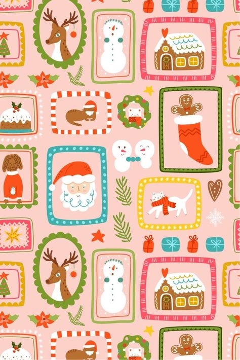 Pink Christmas cute geometric seamless pattern. Christmas framed portraits of Santa, reindeer, gingerbread, cats and dogs hanging on wall. Vector winter holiday patchwork print, wallpaper, background Cute Holiday Illustration, Christmas Printables Decor, Gingerbread Phone Wallpaper, Seamless Patterns Christmas, Winter Illustration Design, Cute Xmas Wallpaper, Cat Christmas Wallpaper, Holiday Background Wallpaper, Christmas Backgrounds Wallpapers