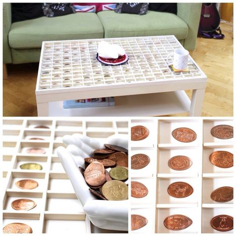 omg. I love this. For my pressed pennies collection Disney Display, Penny Collection, Shadow Box Coffee Table, Craft Room Tables, Souvenir Display, Teak Tray, Coin Display, Diy Money, Diy Coffee Table