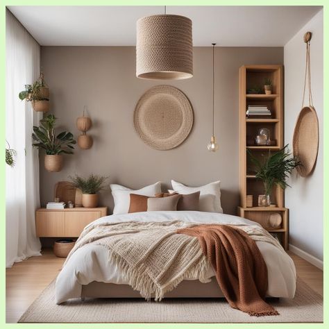 Bedroom Inspirations Modern Boho, Bed Side Decoration Ideas, Master Bedrooms Decor Small Space, Master Bed Curtains, Chilled Bedroom Ideas, Shelves On Either Side Of Bed, Boho Artsy Bedroom, Different Side Tables Bedroom, Bedroom Wall Plants