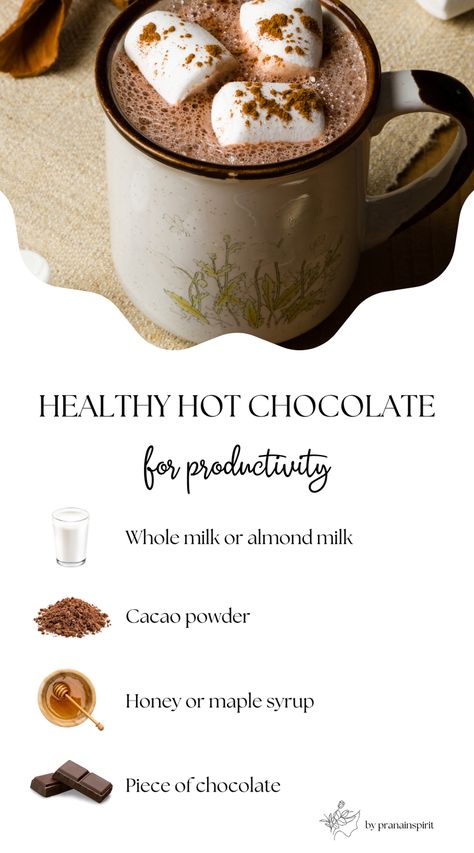 Try this delicious, simple, healthy hot chocolate recipe to boost productivity and energy.  #hotchocolate #autumnrecipes #autumndrinks #pumpkinspice #cozydrinks #healthydrinks #prodictivityboost #warmdrinks #cacao Easy Healthy Hot Chocolate, Light Hot Chocolate Recipe, Carob Hot Chocolate, Healthy Chocolate Drink, Christmas Cocoa Recipe, Healthier Hot Chocolate, Hot Cocoa Aesthetic, Healthy Hot Drinks, Healthy Hot Cocoa