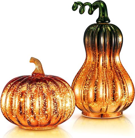 Baquler 2 Pcs Thanksgiving Glass Pumpkin Lights Gold Pumpkin Centerpiece with LED Lights Battery Operated Glass Blown Pumpkin for Seasonal Fall Home Decor Table Kitchen Decorations, 2 Styles Thanksgiving Table Setup, Living Room Shades, Gold Pumpkin, Pumpkin Stands, Pumpkin Centerpiece, Kitchen Decorations, Artificial Pumpkins, Gold Pumpkins, Home Decor Table