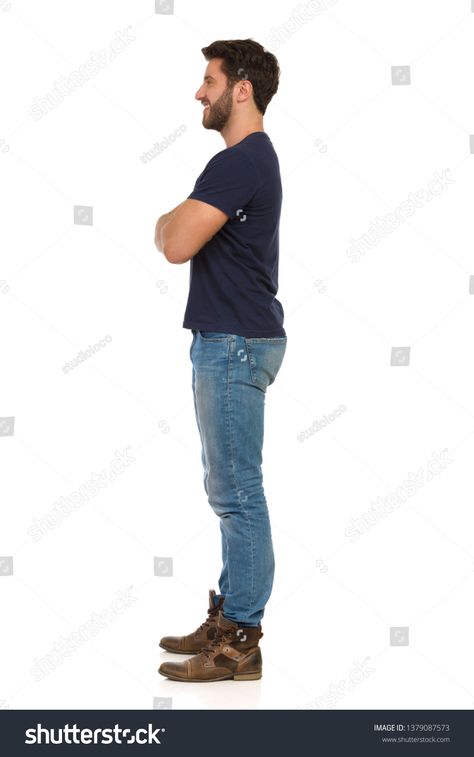 Man in jeans and blue t-shirt is standing with arms crossed, looking away and smiling. Side view. Full length studio shot isolated on white. #Ad , #SPONSORED, #arms#standing#smiling#crossed Arms Crossed Pose Side View, Guy Standing Side View, Standing With Arms Crossed Pose, Arms Crossed Side View, Guy Crossing Arms Reference, Arms Side View, Man Standing Side View, Jeans Side View, Person Standing Side View