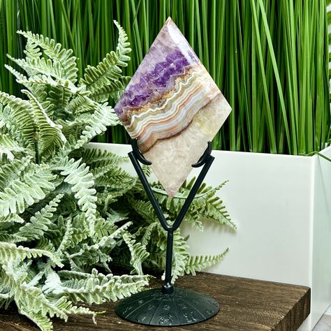 Amethyst with Mexican Lace Agate Diamond Prism Display with Stand Healing Crystal Carving #crystals #crystallove #crystalmagic #crystalenergy #bluekyanite Mexican Lace, Border Box, Crystal Carving, Crystal Magic, Crystals In The Home, Blue Kyanite, Crystal Shop, Energy Crystals, Font Family