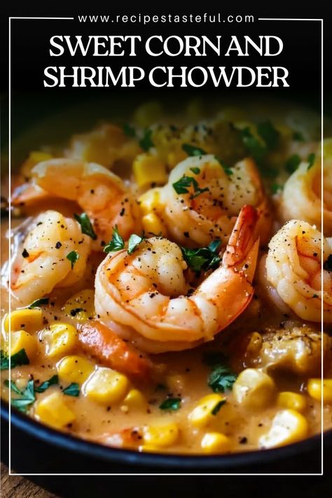 This Sweet Corn and Shrimp Chowder is a rich and creamy soup, perfect for a comforting meal. The blend of tender shrimp, sweet corn, and hearty potatoes makes for a filling dish, while smoked paprika and cayenne add layers of flavor with a hint of heat. This chowder can be made with either chicken or vegetable broth, and you can adjust the creaminess with either heavy cream or milk for a lighter option. It's the perfect dish for any occasion, from family dinners to special gatherings. Corn And Shrimp Chowder, Shrimp And Corn Soup, Shrimp Corn Chowder, Shrimp Chowder, Potato Chowder, Shrimp And Vegetables, Seafood Chowder, Bistro Food, Corn Soup