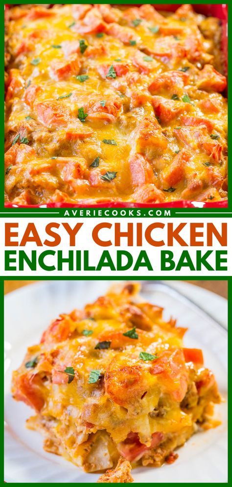 Dinner Recipe For Family, Chicken Tortilla Bake, Recipe For Family, Chicken Tomatoes, Chicken Enchilada Bake, Enchilada Bake, Cheesy Chicken Enchiladas, Averie Cooks, Chicken Enchiladas Easy