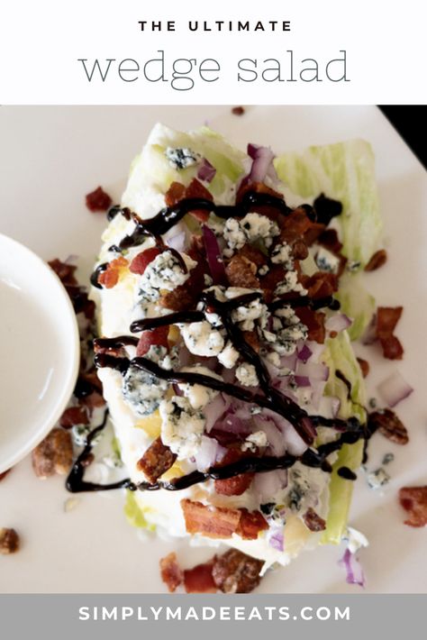 This ultimate wedge salad is so yummy and easy to make. It is topped with blue cheese, bacon, candied pecans and balsamic glaze..DELICIOUS! #howtomakeawedgesalad #saladrecipes #easysaladrecipes #homemadebluecheesedressing Wedge Salad Appetizer, Steakhouse Wedge Salad, Salad With Blue Cheese Dressing, Classic Wedge Salad, Salad With Candied Pecans, Homemade Blue Cheese Dressing, Candied Pecans For Salad, Wedge Salad Recipes, Quick Appetizer Recipes