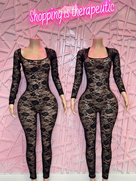 Black Lace Jumpsuit Outfit, Lace One Piece Outfit, 21 Birthday Outfit Ideas, Lace Jumpsuit Outfit, Everything Fashion, Lace Pants Outfit, Chanel Heels, Lace Playsuit, Birthday Outfit For Women