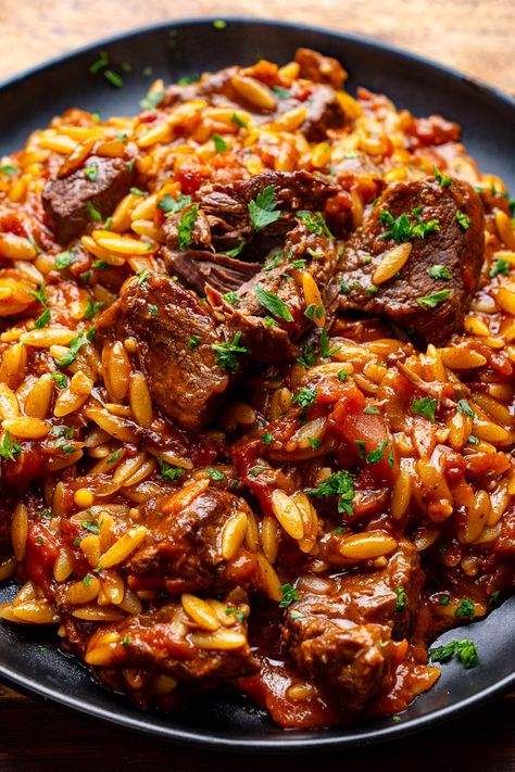 Stew Meat Meal Ideas, Orzo With Beef, Authentic Italian Beef Recipes, Keto Recipes For Family, Beef For Stew Recipes, Steak Dinner Aesthetic, Recipes With Stew Meat, Beef And Orzo, Greek Meals