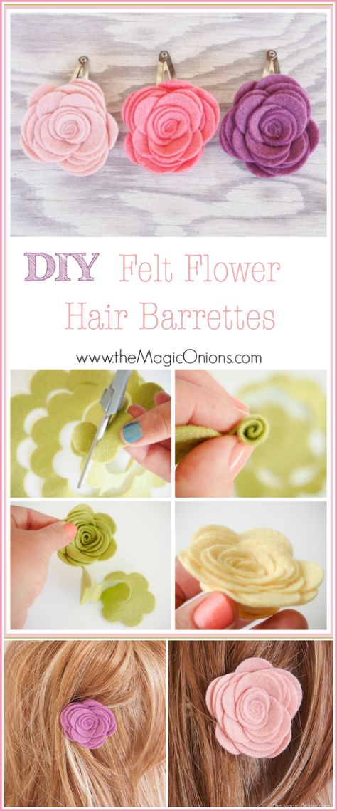 Make DIY Felt Flower Hair Clips for Spring with The Magic Onions Blog Felt Hair Accessories, Diy Fleur, Headband Diy, Diy Flores, Fleurs Diy, Felt Hair Clips, Hair Clips Diy, Diy Bebe, Felt Bows