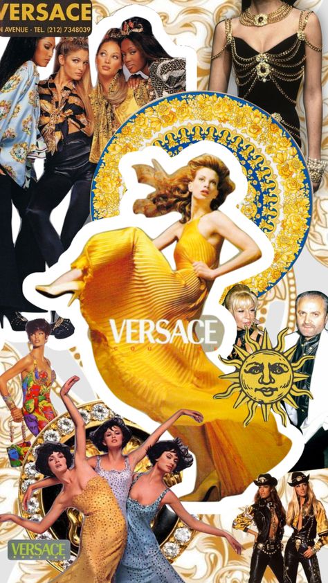 Versace (featuring chanel) #versace #editorialcollage Versace Astethic, Donatella Versace Aesthetic, Versace Advertising, Versace Poster Vintage, Versace Runway 90s, Versace Aesthetic Wallpaper, Vintage Versace Aesthetic, Versace Moodboard, 90s Mood Board