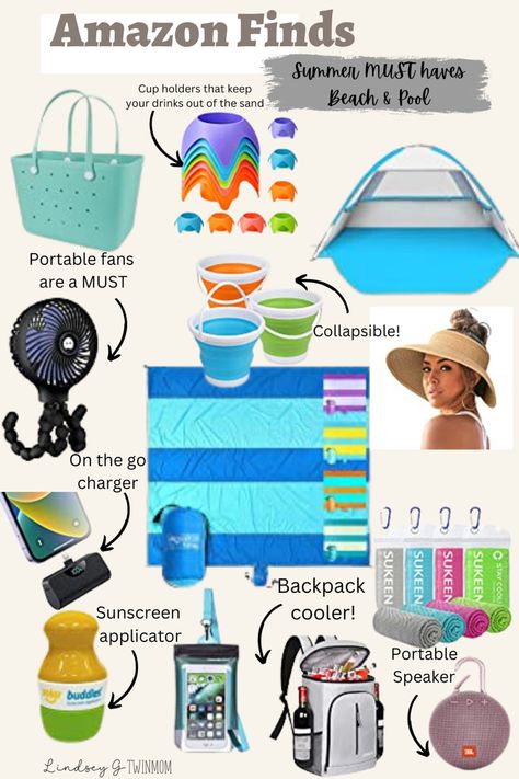 Amazon pool day must haves. Waterproof bag, portable fan, portable charger, sunscreen applicator, beach blanket, waterproof phone case, backpack cooler, collapsible beach buckets, sun hat, portable speaker, cooling towels, beach shade Summer Must Haves, Pool Essentials, Portable Fans, Pool Day, Twin Mom, Pool Days, My Summer, Beach Pool, Must Haves