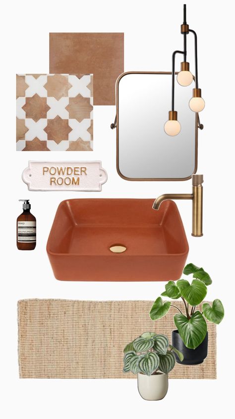 Featuring our Charleston sink in the shade Terra Cotta. Mood board for small powder rooms, earth tone organic home decor. Neutral boho washroom design inspiration. Handcrafted concrete products manufactured in Las Vegas, Nevada, USA. Boho Washroom, Terra Cotta Home, Terra Cotta Bathroom, Boho Powder Room, Earth Tones Bathroom, Small Powder Rooms, Earth Tone Bathroom, Small Bathroom Renos, Organic Home Decor