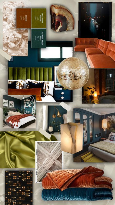 Navy Bohemian Bedroom, Navy Black And Rust Bedroom, Burnt Orange Green And White Bedroom, Navy And Cognac Bedroom, Forest Green And Blue Bedroom, Navy Green Interior Design, Emerald And Copper Bedroom, Navy Blue Earthy Bedroom, Teal And Olive Green Bedroom