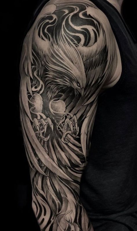 Phoenix Tattoos: Main Themes, Tattoo Styles & Ideas Phoenix Sleeve Tattoo, Tattoo Chest And Shoulder, Phoenix Tattoo Arm, The Phoenix Tattoo, Phoenix Tattoo Men, Phoenix Tattoo Sleeve, Griffin Tattoo, Shen Long Tattoo, Japanese Phoenix Tattoo