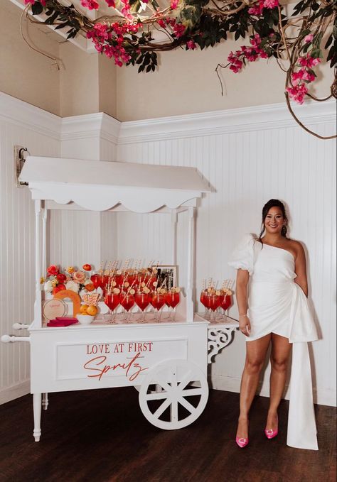 Aperol Wedding Bar, Aperol Spritz Seating Chart, Spritz Engagement Party, Aperol Spritz Table Decor, Aperol Spritz Station Wedding, Aperol Spritz Cart, Aperol Spritz Bar Cart, Aperol Spritz Decor, Aperol Spritz Bridal Shower Theme Decor