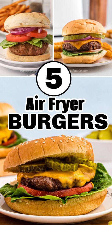 Check out these 5 air fryer burgers you must try! We love easy, quick, and delicious recipes, and these all hit! Air Fryer Hamburgers, Air Fryer Cheese Burgers, Air Fryer Burgers, Air Fryer Burgers Fresh, Cheeseburgers In Air Fryer, Ground Beef Burgers Air Fryer, Hamburger Pattie’s In Air Fryer, Air Fryer Recipes Appetizers, Cheddar Burger