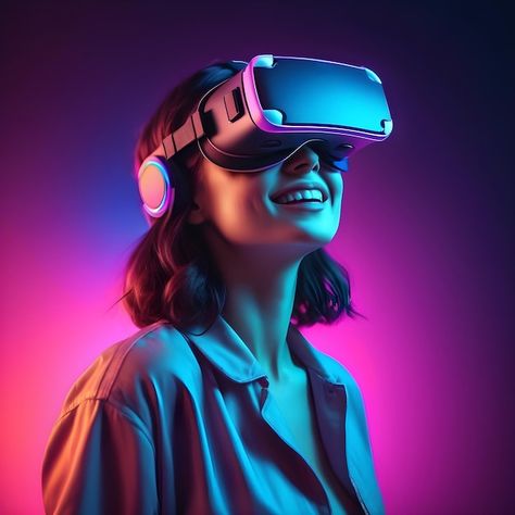 Vr Design, Unique Website Design, Neon Background, Retro Tech, Indie Films, Neon Backgrounds, Vr Glasses, Business Inspiration Quotes, Happy Woman