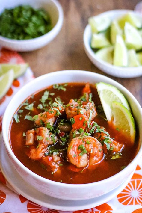 Sopa de Camarones is a Mexican shrimp soup that is light, with earthy flavor and rich red color from dried guajillo chiles. It's a perfect choice when you want those delicious Mexican flavors but you're in the mood for something lighter than your usual tacos or enchiladas. Mexican Shrimp Soup, Mexican Seafood Soup, Shrimp Soup Recipes, Enchilada Sauce Easy, Seafood Soup Recipes, Mexican Seafood, Mexican Shrimp, Mexican Flavors, Easy Enchiladas