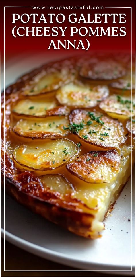 Potato Galette is a crispy, cheesy, and flavorful side dish made with layers of thinly sliced Yukon gold potatoes, butter, olive oil, and gruyère cheese. It’s simple to prepare and perfect for a special meal! Yukon Potato Recipes, Pommes Anna Recipe, Gold Potato Recipes, Potatoes Anna, Potato Galette, Pommes Anna, Baked Potato Slices, Layered Potato, Galette Recipe