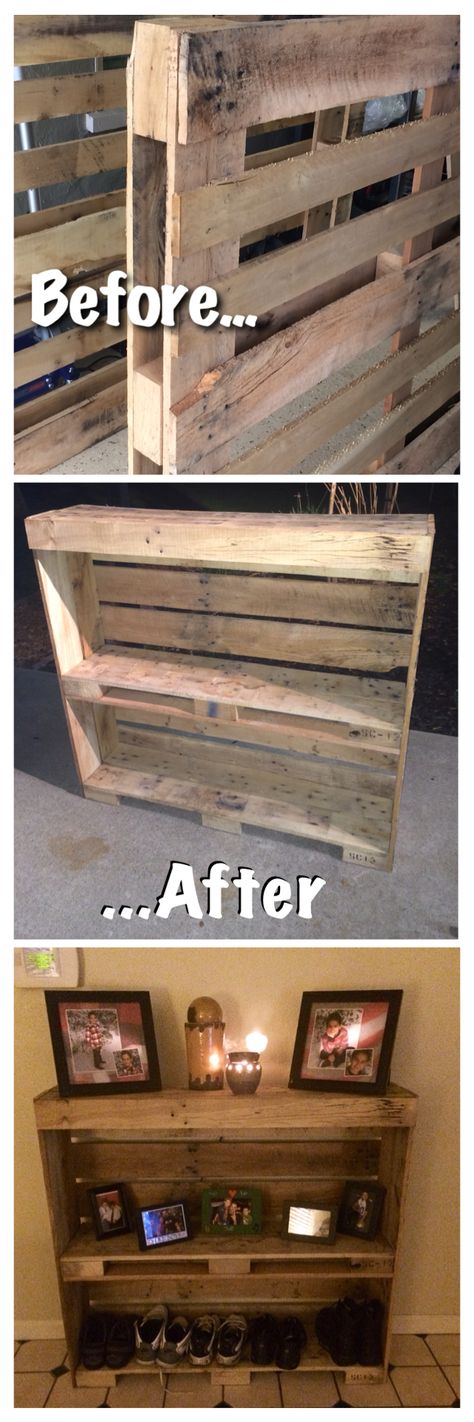 Pallet entry table. Reclaimed and up cycled! Pallet project, pallet wood, rustic shoe rack | DIY Ideas Pallet Entry Table, Rustic Shoe Rack, Koti Diy, Woodworking Design, Dekor Diy, Pallet Creations, Pallet Crafts, Diy Holz, Entry Table