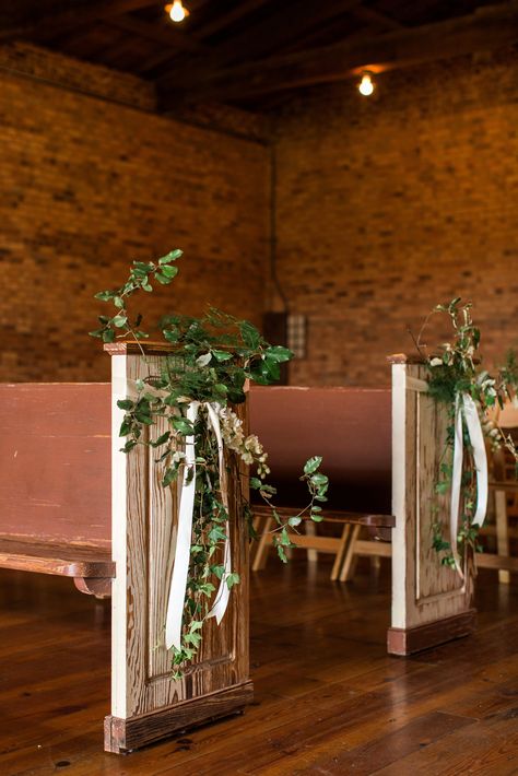 Dress up the sides of our pews with a little greenery and ribbon and they are just darling! | Photo by: Rustic White Photography Boho Pew Markers, Pew Greenery Wedding, Pew Decorations Wedding, Church Pew Flowers, Church Wedding Decorations Aisle, Church Pew Decorations, Aisle Arrangements, Chair Flowers, Wedding Church Aisle